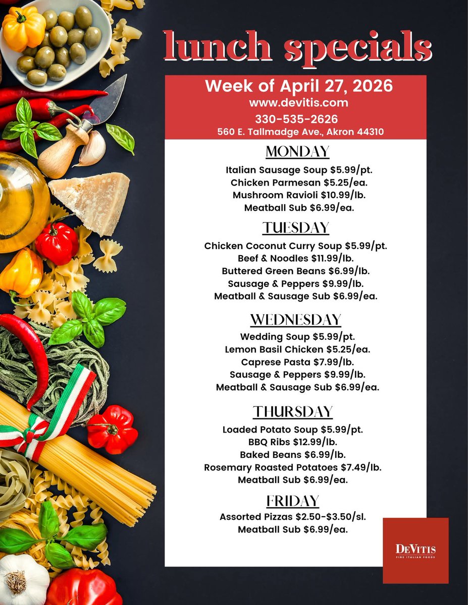 DeVitisMarket's tweet photo. It's beginning to look like warm weather food with our Hot Lunch lineup for this week!☀🤩🧡 We are excited to cook for you this week! https://t.co/uLAnrQtCeg
