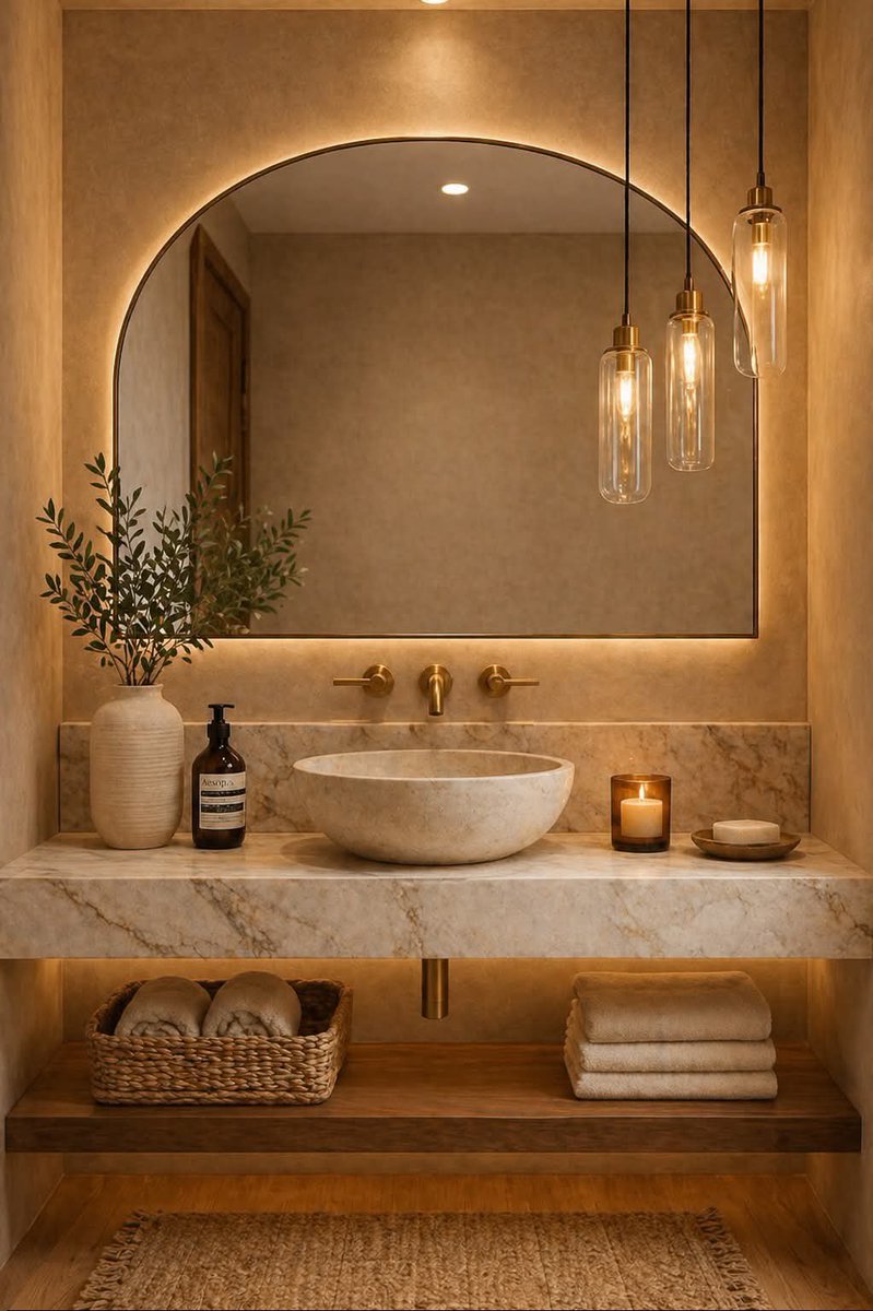 justadd2cart's tweet image. Elegant warm-toned bathroom with soft lighting and natural textures for a calm luxury feel ✨🛁

#BathroomDesign #LuxuryLiving #decorating #InteriorInspo #ModernHome #CozyVibes