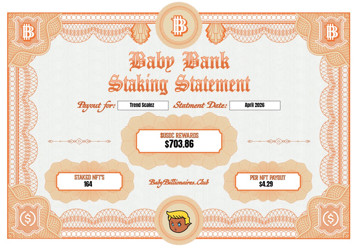 TrendScalezz's tweet image. Just claimed my $703 in NFT staking rewards.

The Baby Bank payouts are the strongest in the NFT space.  

@baby_billionNFT just getting started.