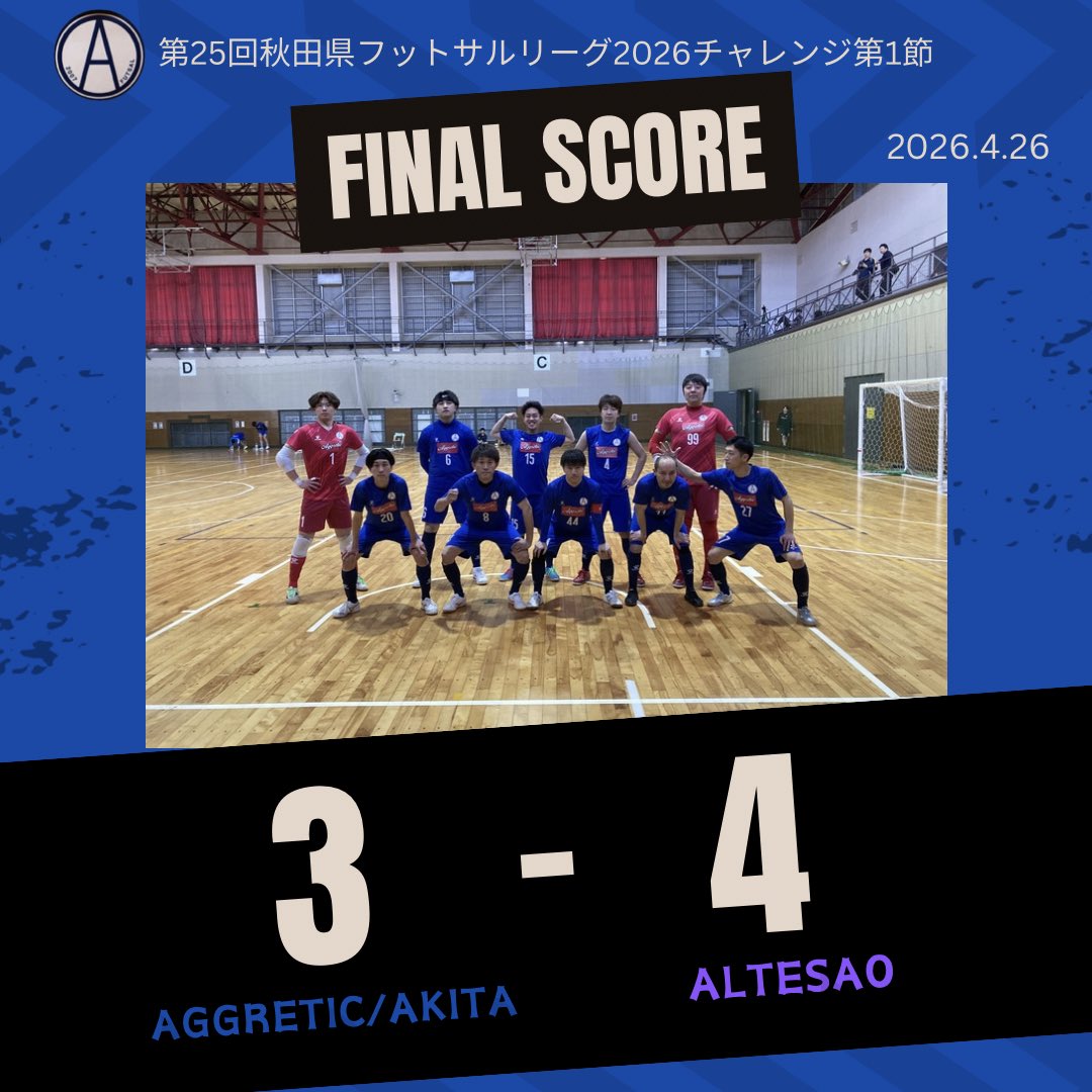 aggretic's tweet photo. 【第25回秋田県フットサルリーグ2026チャレンジ第1節】

2026.4.26(日)
🆚ALTESAO
3-4(前半2-2後半1-2)
負け⤵️
得点者:8櫻田 44小笠原×2

今年も開幕戦勝利とはなりませんでしたが、ネガティブに捉えず切り替えて次も頑張ります😤🔥

#KELME #Akita #Futsal
#AGGRETIC #アグレティック秋田 https://t.co/q6ELCES5Yf