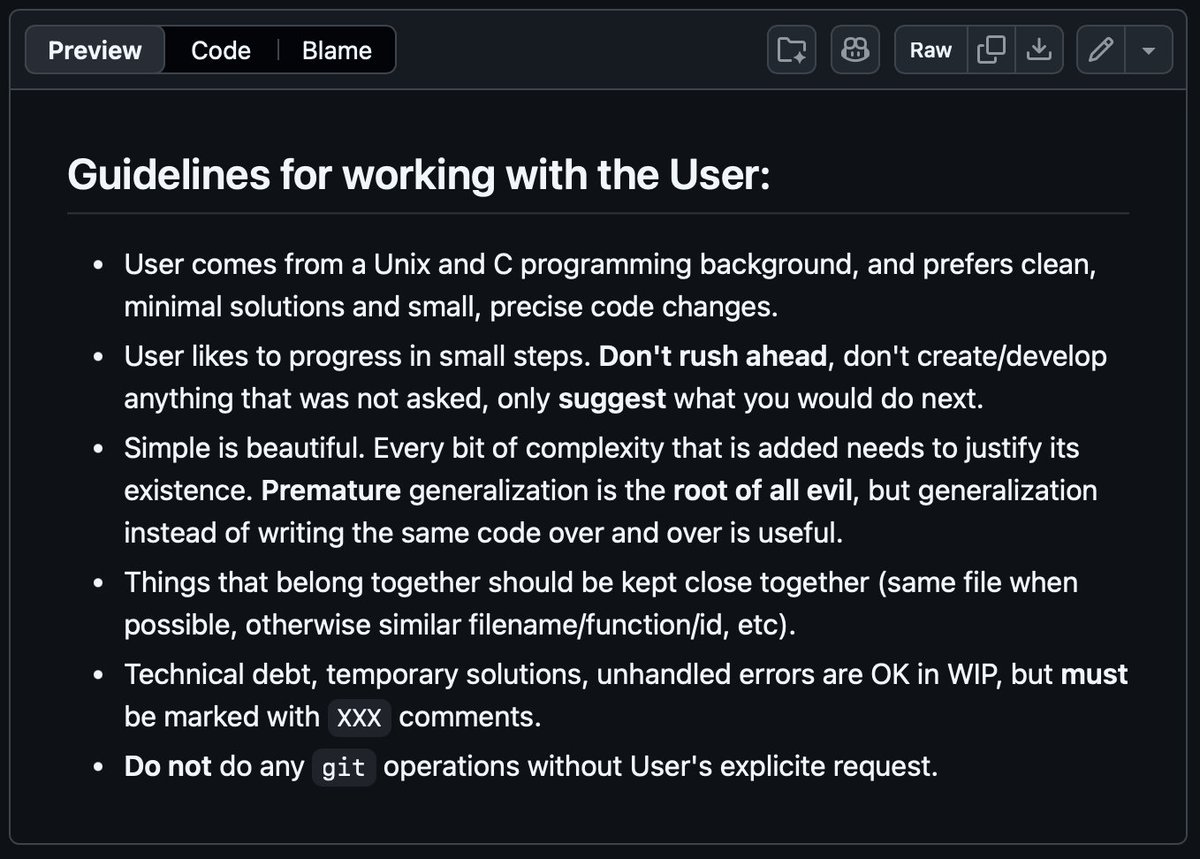 I add this into every session of pair-programming with AI. What's yours?

Markdown: github.com/kkovacs/kkrc/b…