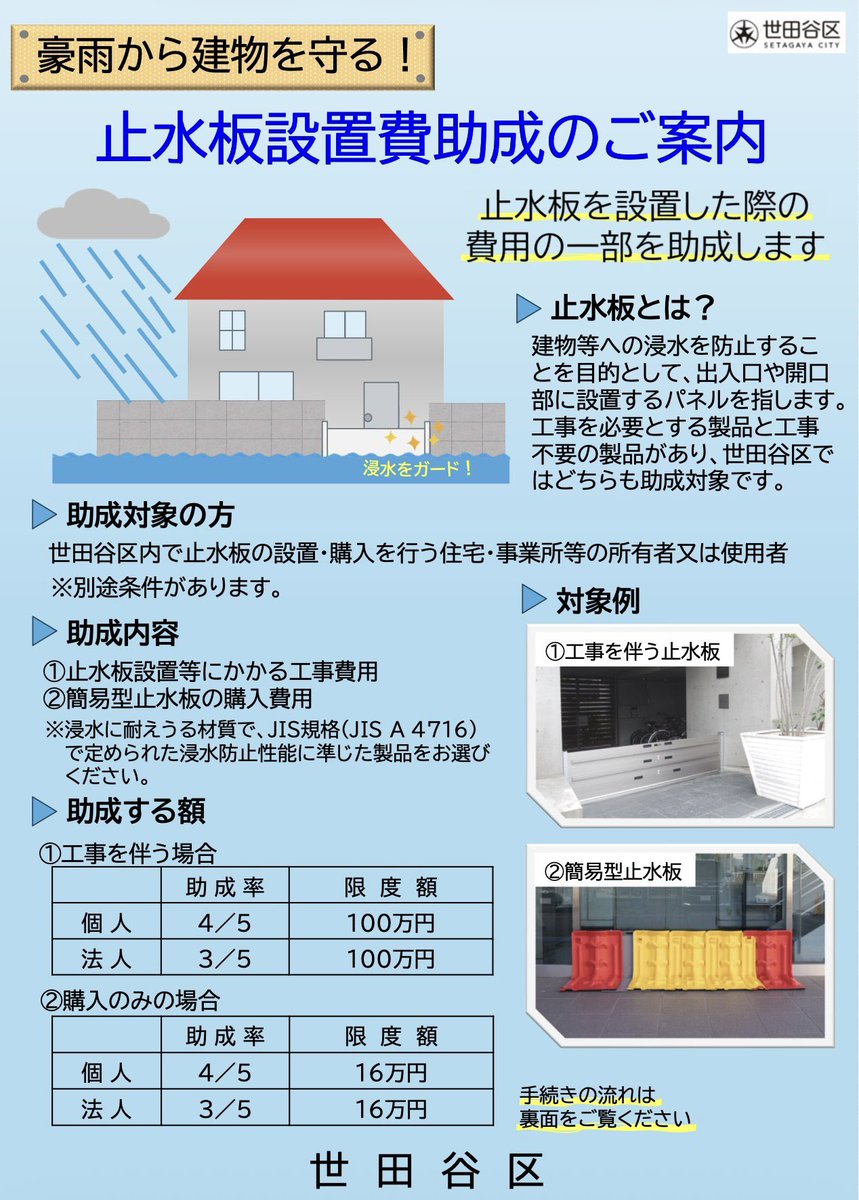 hiuchiyuko's tweet photo. 【止水板設置への助成】が実現！

ゲリラ豪雨対策の一つとして重要な止水板。
平成30年・令和2年に【止水板設置への助成】の質問をしましたが、今年度から世田谷区では、止水板設置の助成制度が始まっております。

助成額は、
工事を伴う場合
個人4/5 限度額100万円
法人3/5 限度額100万円

購入のみ
個人4/5 限度額16万円
法人 3/5 限度額16万円

助成内容
●止水板設置にかかる工事費用
●簡易型止水板の購入費用

是非ご利用ください。

https://t.co/gNcmHZSuhL