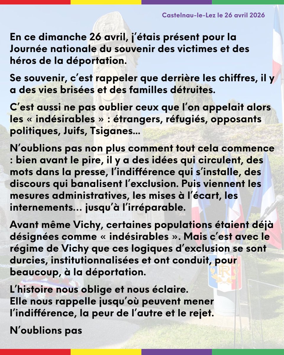 CorvaisierR's tweet image. Journée nationale du souvenir des victimes et des héros de la déportation.
L’histoire nous oblige et nous éclaire. Elle nous rappelle jusqu’où peuvent mener l’indifférence, la peur de l’autre et le rejet.
N’oublions pas 🌹
#DevoirDeMémoire #Souvenir #Déportation #LesIndesirables