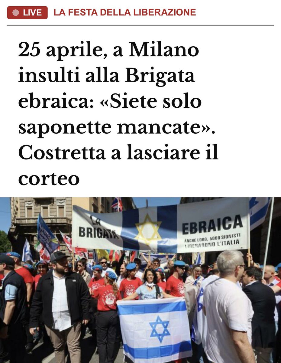 Dunque gli squadristi rossi hanno deciso che la brigata ebraica non dovesse sfilare… #25aprile la libertà è un concetto difficile da interpretare. Oggi il fascismo sta tutto a sinistra