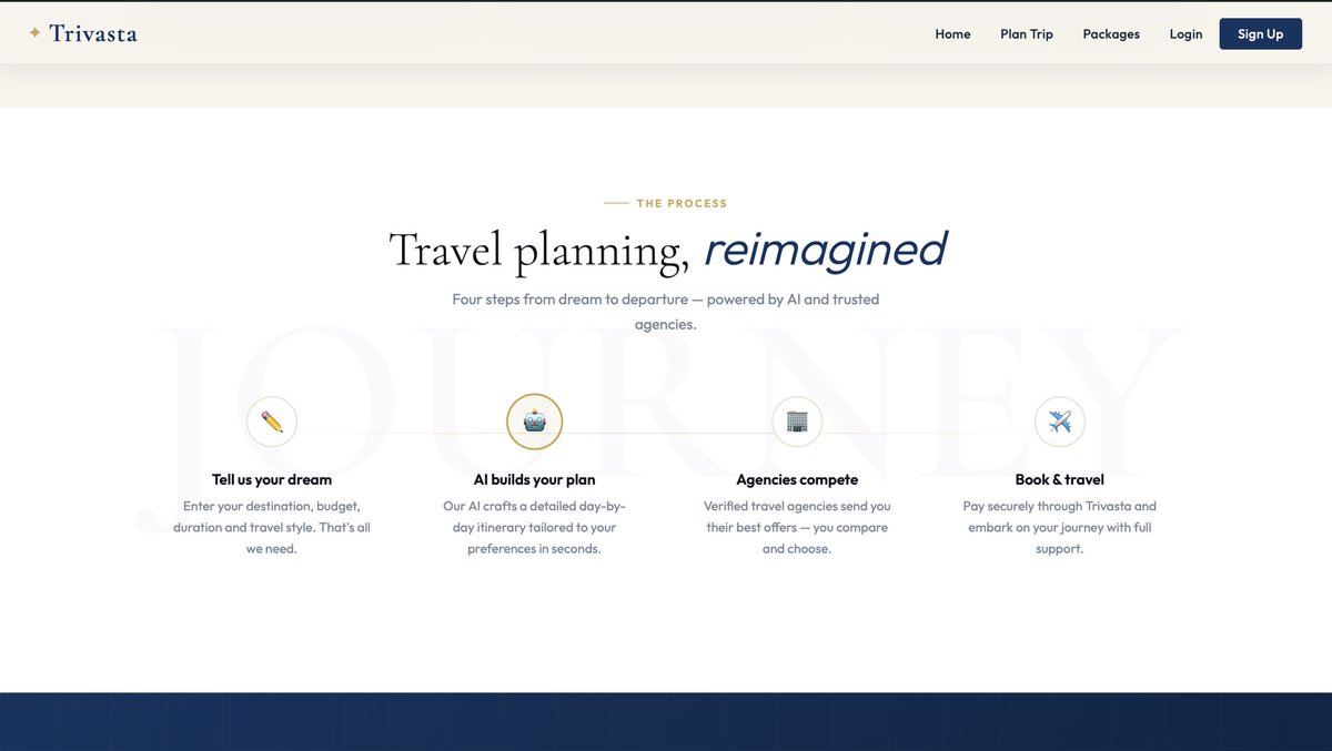 suryapramanik17's tweet image. 🚀 We just launched Trivasta.
Planning trips is messy: 10 tabs, random blogs, overpriced packages.
👉 Plan trips with AI 👉 Connect with agencies 👉 Customize &amp;amp; negotiate in one place
No middlemen. No chaos.
Try it: trivasta.onrender.com
#BuildInPublic #TravelTech #AI #CS