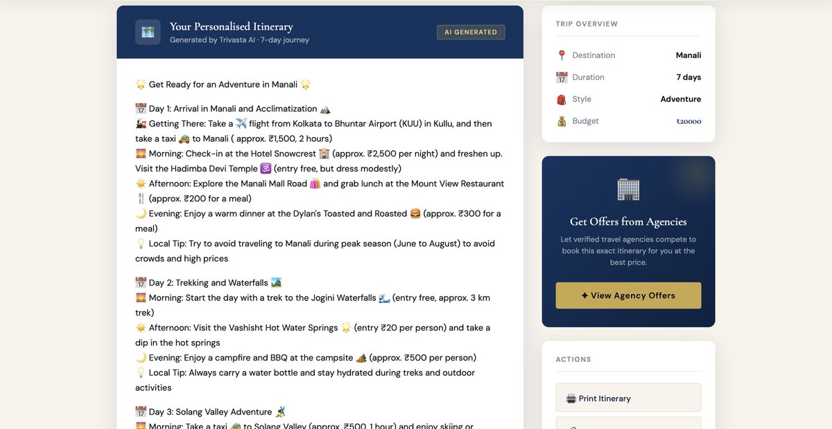 suryapramanik17's tweet image. 🚀 We just launched Trivasta.
Planning trips is messy: 10 tabs, random blogs, overpriced packages.
👉 Plan trips with AI 👉 Connect with agencies 👉 Customize &amp;amp; negotiate in one place
No middlemen. No chaos.
Try it: trivasta.onrender.com
#BuildInPublic #TravelTech #AI #CS