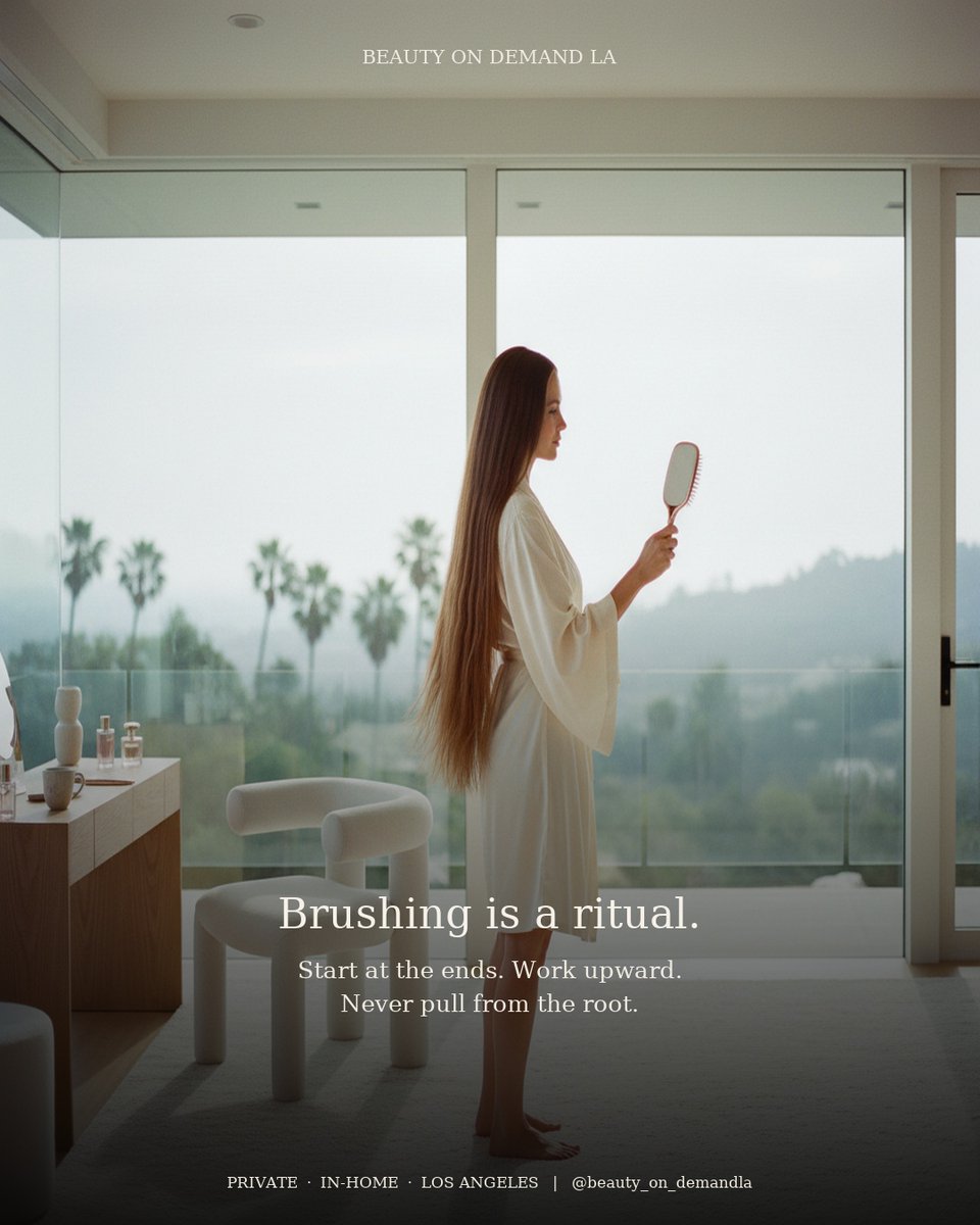 BOD2YOU's tweet photo. Brushing is a ritual. Start at the ends. Work upward. Never pull from the root. #beautyondemandla #inhomehair #luxuryhair https://t.co/BkgMU497Bz