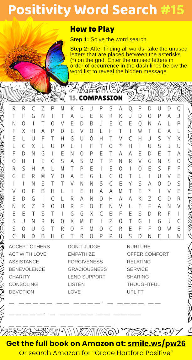 Grace_Puzzles's tweet image. 🕊️ Solve this Compassion word search and uncover a hidden affirmation that restores kindness and empathy. A small act of self-care. Search Amazon for “Grace Hartford Positive” for more heartwarming puzzles. #PuzzleFun #KindnessMatters #Positivity