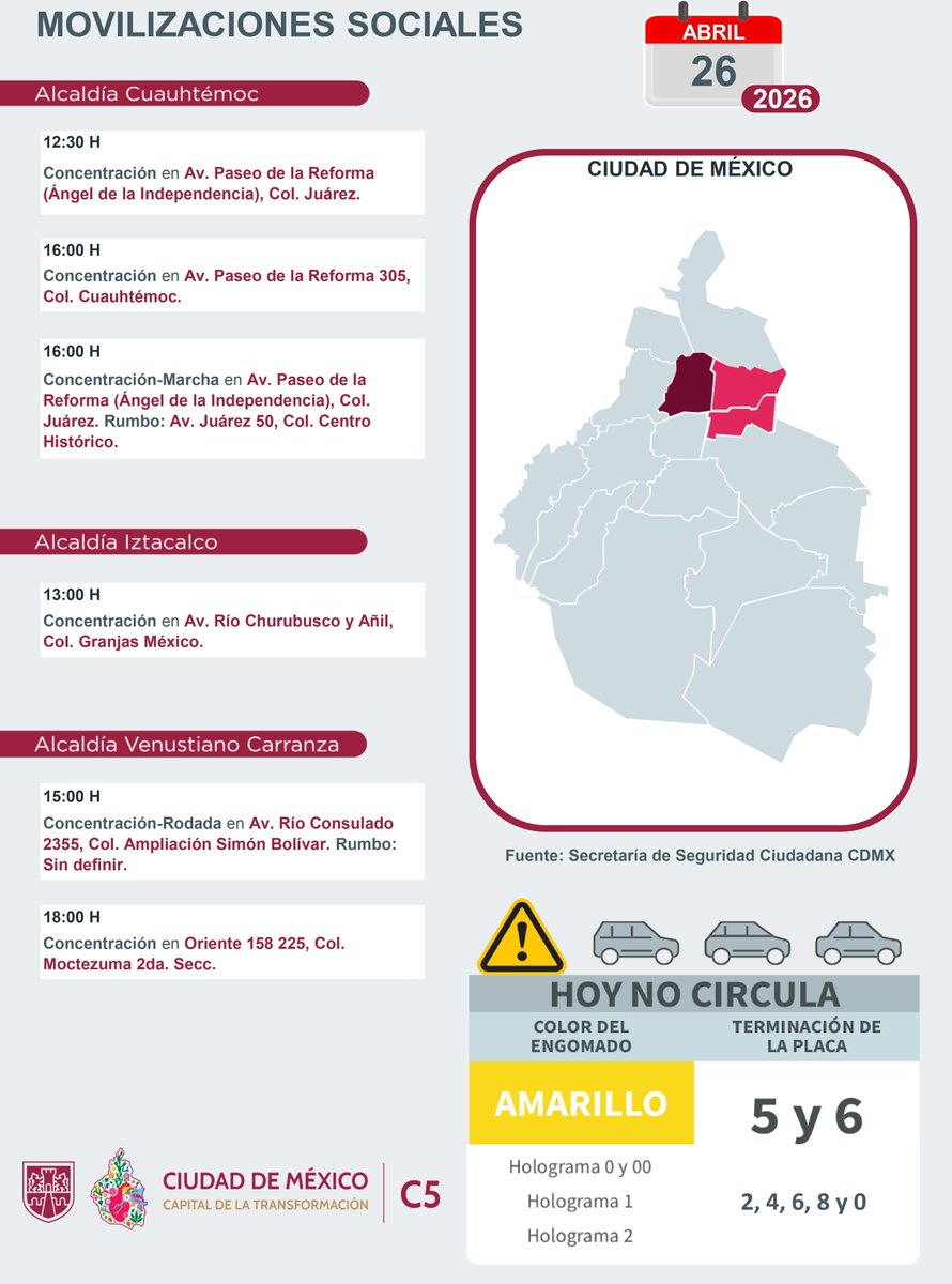 C5_CDMX's tweet image. ⚠️🗓 #ENTÉRATE | Para hoy, 26 de abril 2026, estas son las movilizaciones sociales previstas en la Ciudad de México.

#MovilidadCDMX #C5OjosDeLaCDMX  #C5CorazónDeLaCDMX #OjosDeLaCiudad