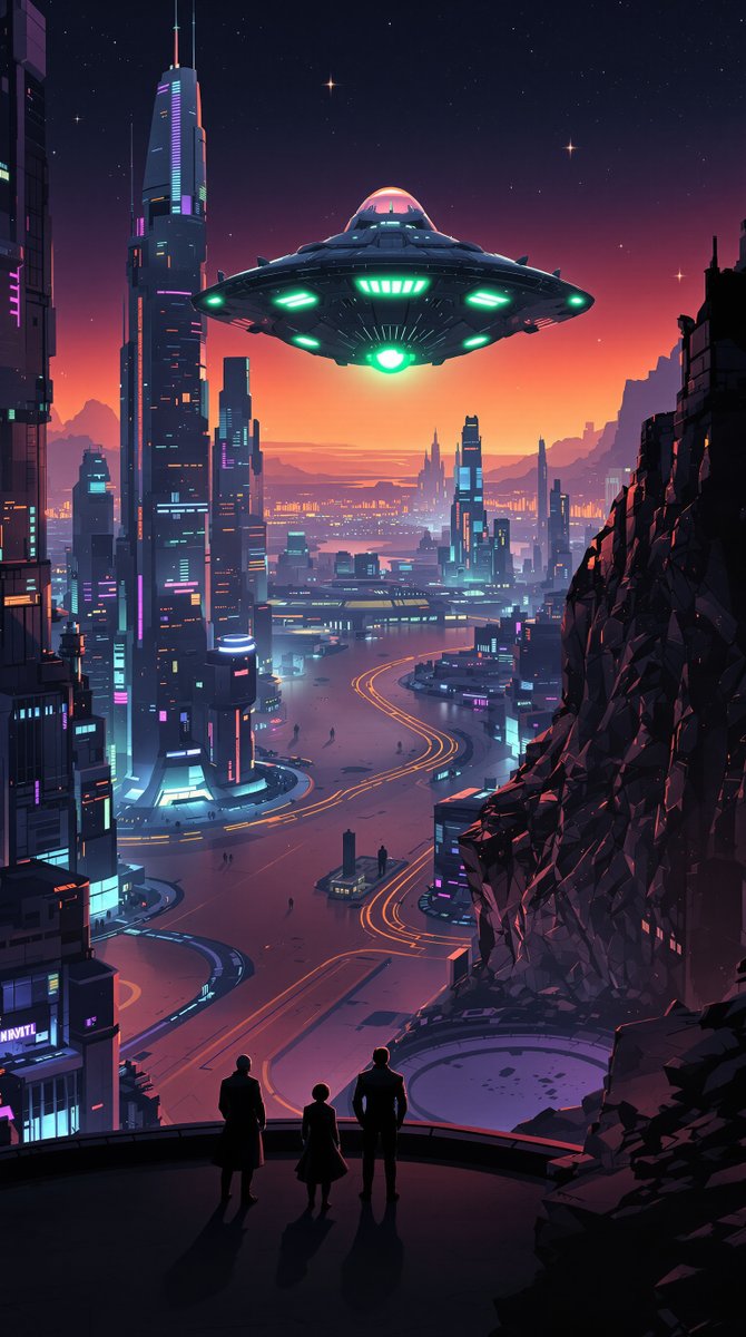 wallpaper_fm's tweet image. As neon lights danced, they marveled at horizons unfolding endless possibilities.

#Wallpapers #Wallpapers4k #FuturisticScene #Cityscape #UFO #Neon #UrbanAdventure #SciFiArt