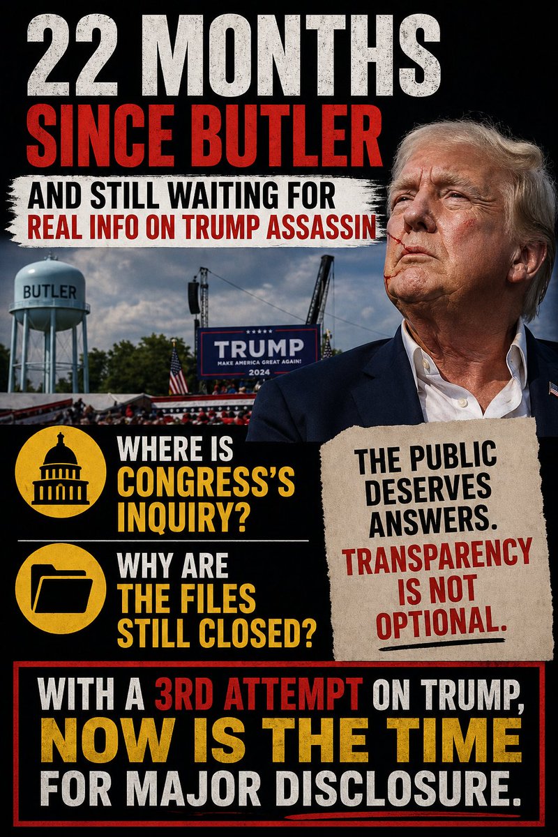 BeyondWars's tweet image. “22 months since Butler. No answers. No transparency.
Where is Congress? Why are the files still sealed?
After a third attempt on Trump, the public deserves the truth—now.”
#Firing