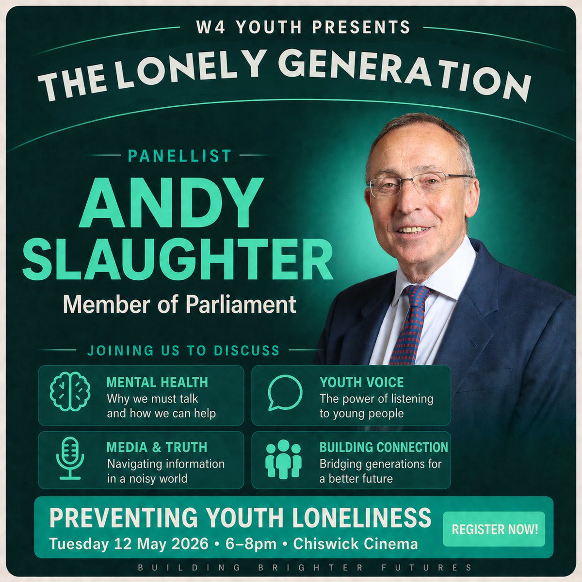 W4YOUTH's tweet photo. Honoured to announce @hammersmithandy, MP for Hammersmith &amp; Chiswick, to The Lonely Generation panel on May 12. Hear how policy and reform can tackle youth loneliness.

Free tickets: https://t.co/DTg31CCOPL

#LondonEvents #SocialChange #W4Youth https://t.co/3fwTiul3Kn