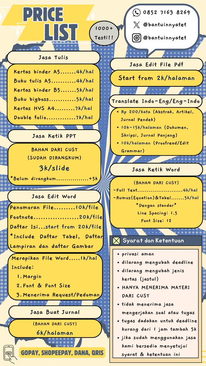 bantuinnyatet's tweet photo. Haii hari ini kami open ya! #bantuinnyatet melayani:
🌷jasa ketik (word ppt)
🌷jasa tulis 
🌷rapihin file (spasi, font, margin)
🌷penomoran halaman, daftar isi, tabel, gambar, lampiran 
🌷gabungin file, typo, dafpus
yang minat bisa chat https://t.co/IeNKNAKxHm (1000+ testimoni🙆🏻‍♀️) https://t.co/47TcVi8zB2