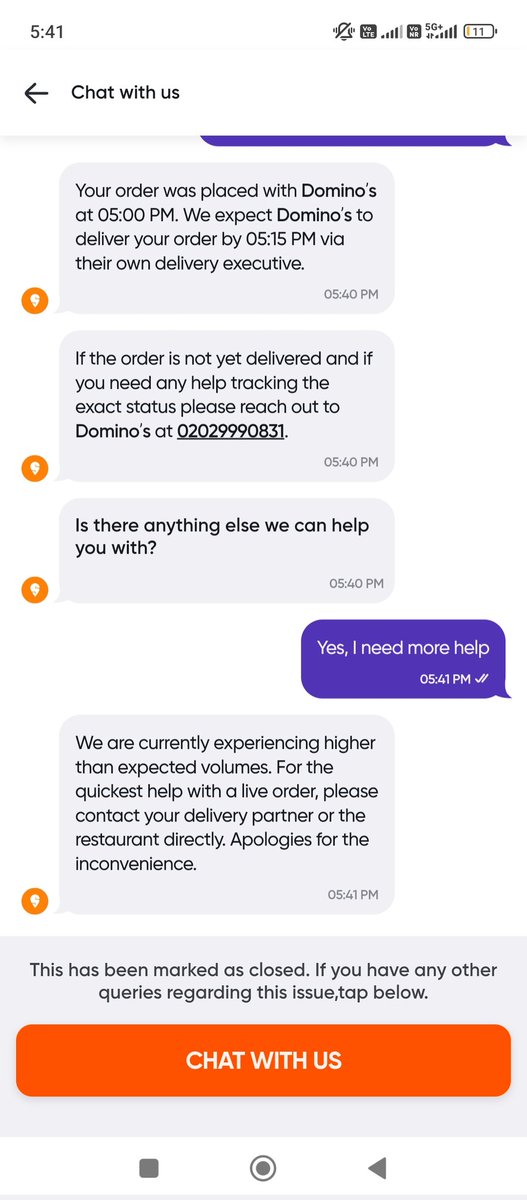 VBhusare's tweet photo. @SwiggyCares @dominos  Resturant not receiving the call @SwiggyCares not responding https://t.co/wGANqCcUxR