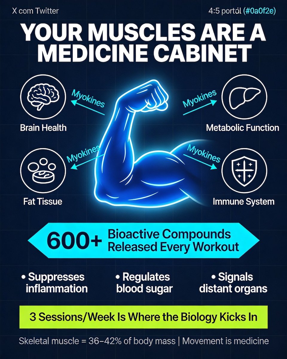 DrKristieLeong's tweet photo. Your muscles are a medicine cabinet.

Skeletal muscle makes up ~36–42% of your body mass and it's not just for lifting things.

Every time you contract a muscle, it releases bioactive peptides called myokines directly into your bloodstream. 

Scientistis have identified over 600 of these so far.

They talk to your liver. Your brain. Your fat tissue. Your immune system.

No prescription required. Just movement.

Three sessions a week is the threshold. If you have to, break those sessions up into smaller segments. 

What's stopping you? Time, motivation, or just not knowing this is possible? 👇