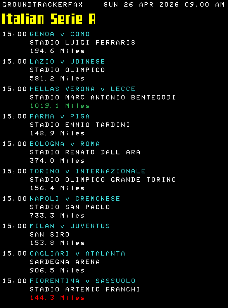 GroundTracker's tweet photo. Todays #SerieA Fixtures by #groundtracker
#Genoa #como1907 #Lazio #Udinese #DaiVerona #Lecce #Parma #Bologna #ASRoma #SFT #Inter #Napoli #cremonese #ACMilan #Juventus #Cagliari #Atalanta
https://t.co/S8lhcwPLvA https://t.co/PhSv3lpkhr