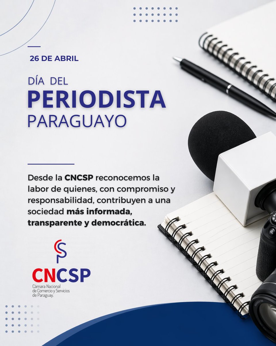 CNCSP's tweet photo. Desde la #CNCSP, saludamos a los profesionales que día a día asumen el compromiso de mantenernos informados con ética y responsabilidad.
¡Feliz día del periodista paraguayo! 🇵🇾 https://t.co/kLWaDOHSTL