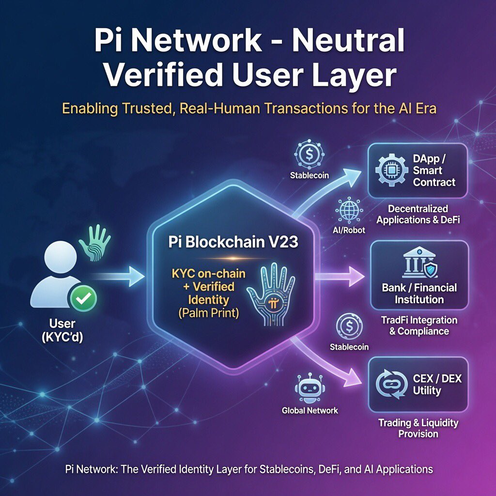 Identity is the new currency....👋

Pi Network V23 is building a "Neutral Verified User Layer" to ensure real-human transactions across:

🔹 DeFi &amp; Smart Contracts
🔹 Traditional Banking
🔹 CEX/DEX Utility

The ecosystem is expanding! 🚀