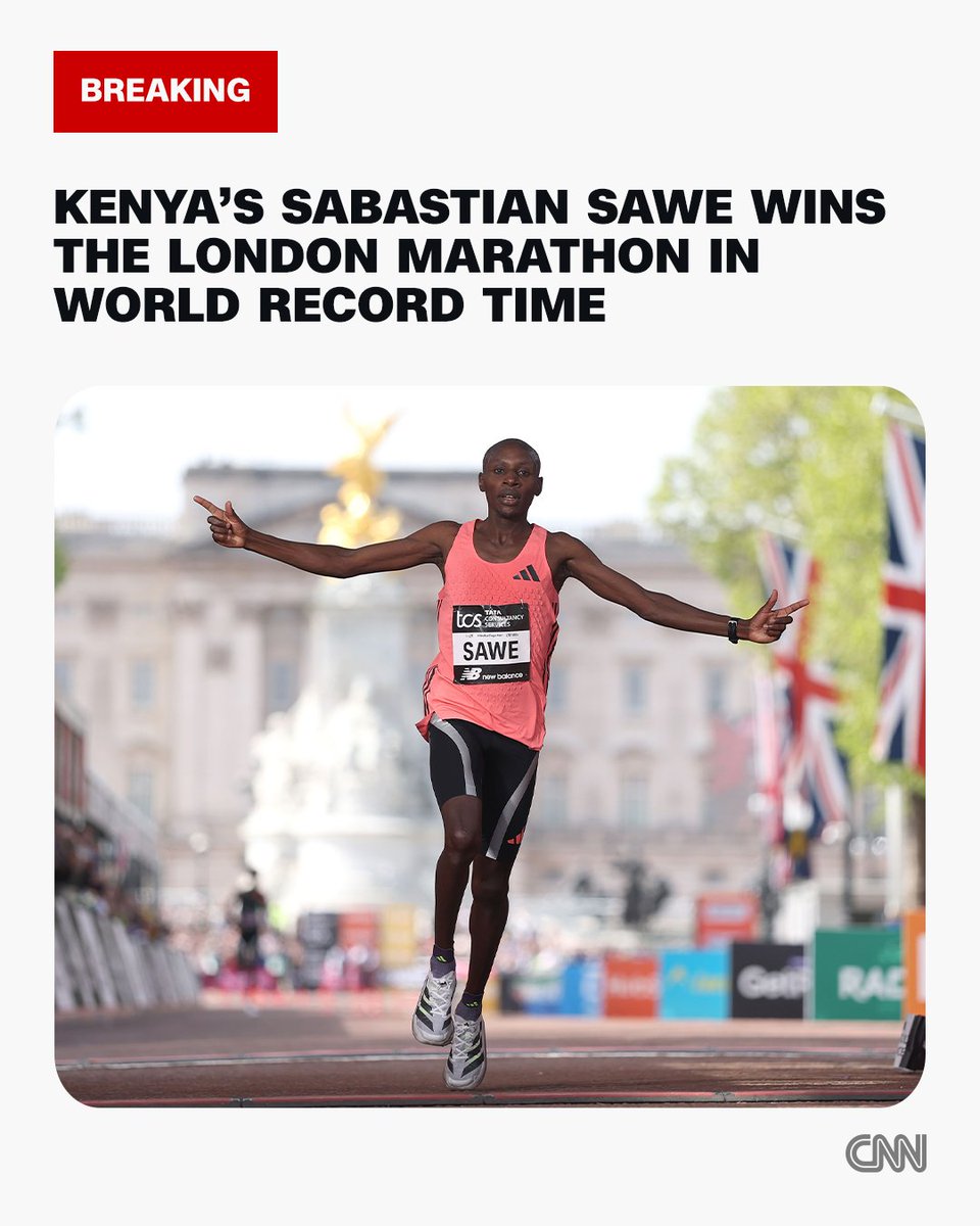 cnnbrk's tweet photo. Kenya's Sabastian Sawe wins the London Marathon in world record time, becoming the first athlete to run a marathon in under two hours. https://t.co/UAt9Uzp928 https://t.co/gBRyZKIuwv