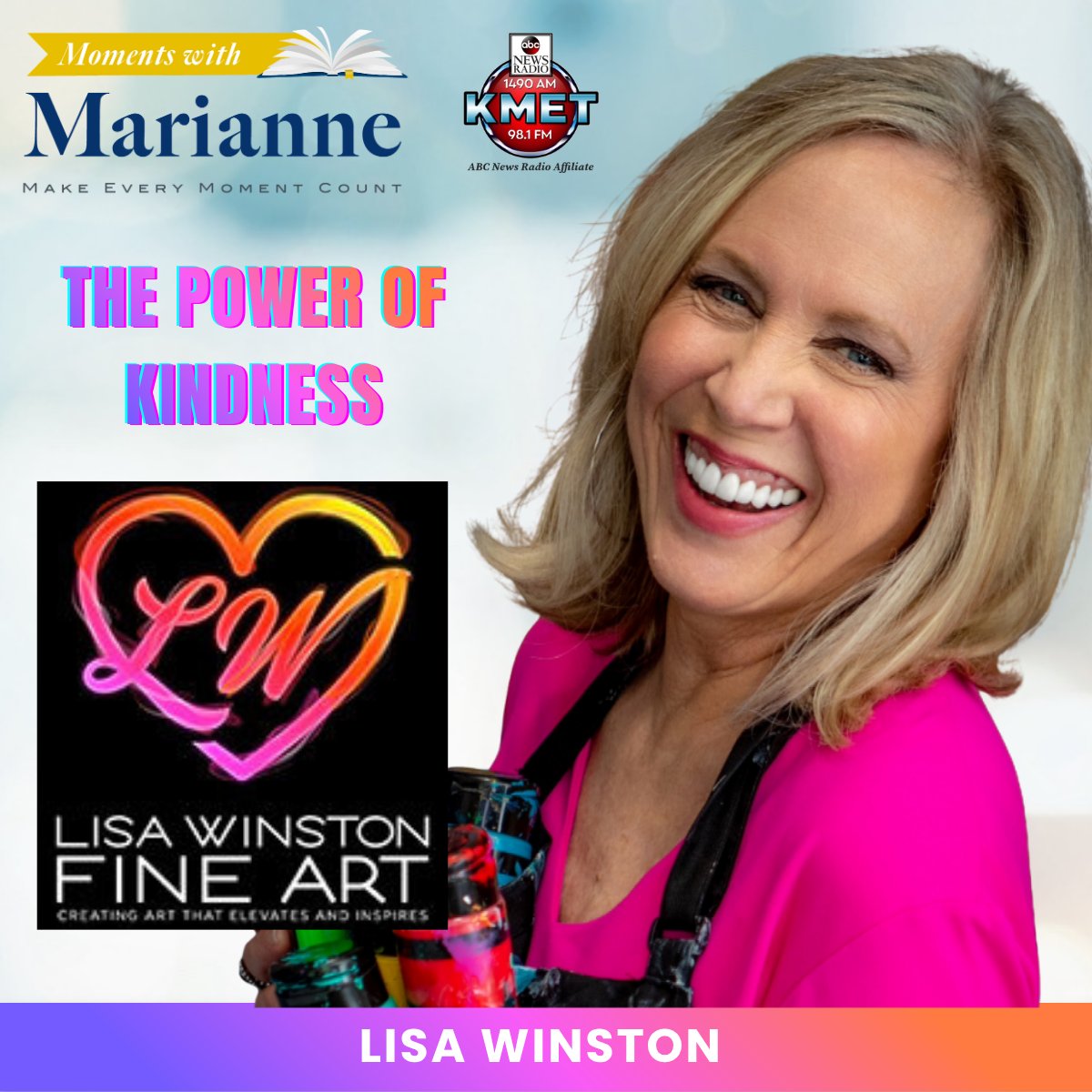 MariannePestana's tweet image. Tune in TODAY at 10:06am PT for Lisa Winston on Kindness Stones on Moments with Marianne Radio Show airs in the Southern California area on @KMETRadio  &amp;amp; 98.1 FM, an ABC Talk News Radio Affiliate!  kmet1490am.com
#kindness #kindnessmatters
