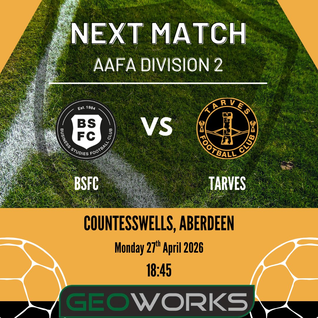 #monthetarves

On Monday evening, we visit BS Football Club for our next league match.

📅 Monday 27th April 2026 
⏰ 18:45
📌 Countesswells, Aberdeen 

Main kit sponsor: GeoWorks
Player sponsors: tinyurl.com/fyc3ynhj
Interested in becoming a sponsor? Get in touch!