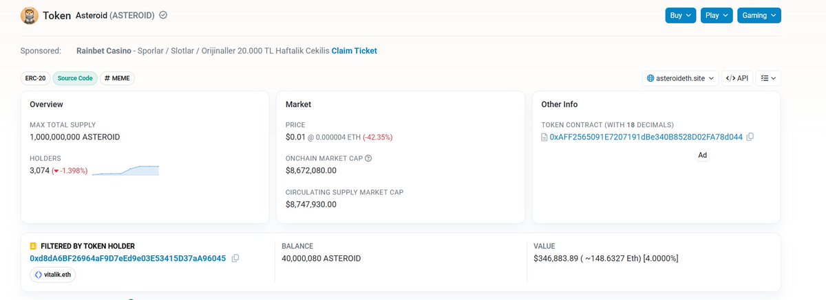 deeparanoya's tweet photo. Hey @VitalikButerin, please donate our $ASTEROID tokens to charitable organizations.

0xAFF2565091E7207191dBe340B8528D02FA78d044 https://t.co/fJq3Y14RjO