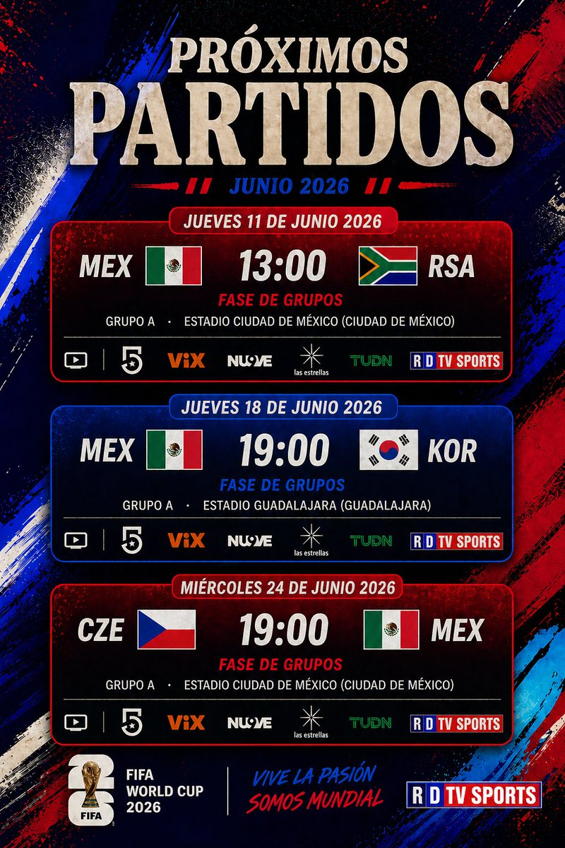 ramonovic09's tweet image. #FIFAWorldCup #WeAre26 | en la Página de @fifacom_es #FIFA Aparecen Asignados los Canales de #TelevisaUnivision de los encuentros de 🇲🇽 #México en Fase de grupos en los canales de TV Abierta @Canal_Estrellas, @MiCanal5, @ElNueveOf Canal de Cable @TUDNMEX y Streaming @VIX Premium