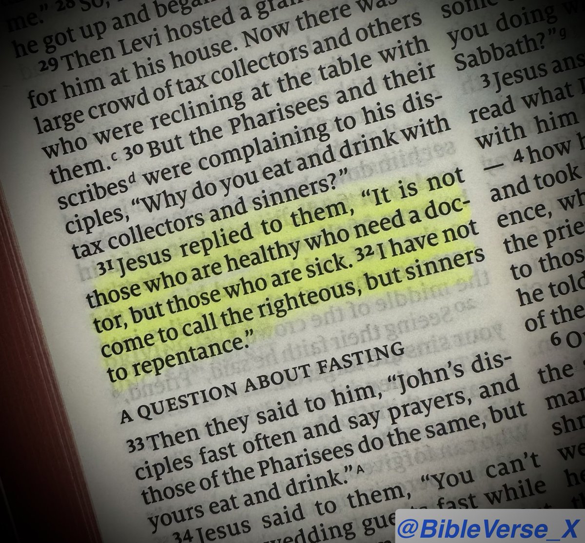 BibleVerse_X's tweet image. “Jesus replied to them, “It is not those who are healthy who need a doctor, but those who are sick.
I have not come to call the righteous, but sinners to repentance.”
-Luke 5:31-32 CSB
#VerseOfTheDay #ChristianStandard #Bible #DailyVerses #ForYou #ChristianX #AllGloryToGod 🙌