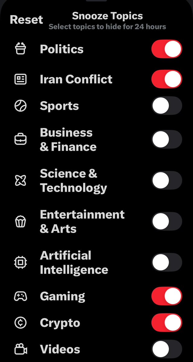 PSi614Singh's tweet image. My X Feed right now 🫠
Snoozed these topics for the next 24 hours because I needed a break:
•  Politics
•  Iran Conflict
•  Gaming
•  Crypto
Everything else is welcome 😂
Peaceful timeline loading…
#SnoozeTopics #XSettings #DigitalDetox