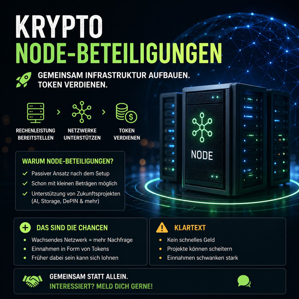 FCSP39815389's tweet image. 🚀 Einstieg in #Krypto – aber anders.

Statt klassischem #Mining setze ich aktuell auf Node-Beteiligungen:
👉 Wir stellen gemeinsam #Rechenleistung / Speicher für Netzwerke bereit
👉 Verdienen dafür Tokens als Belohnung

Kein #Hype, sondern eher ein Early-Stage