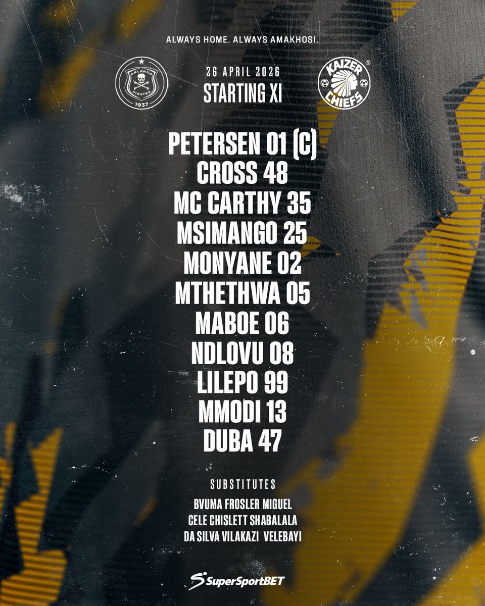 _izodlalaiTv's tweet photo. Petersen leads the Glamour Boys❤️✌🏾

■ Msimango starts with McCarthy at CB.
■ Mthethwa starts with Ndlovu and Maboe in midfield.
■ Duba leads the line.

■ Pule Mmodi returns to the line up after not making the match day squad in the last 3 matches.

There are too many changes in the lineup after Khalil said the team has been playing well because of a little bit of consistency in selection.