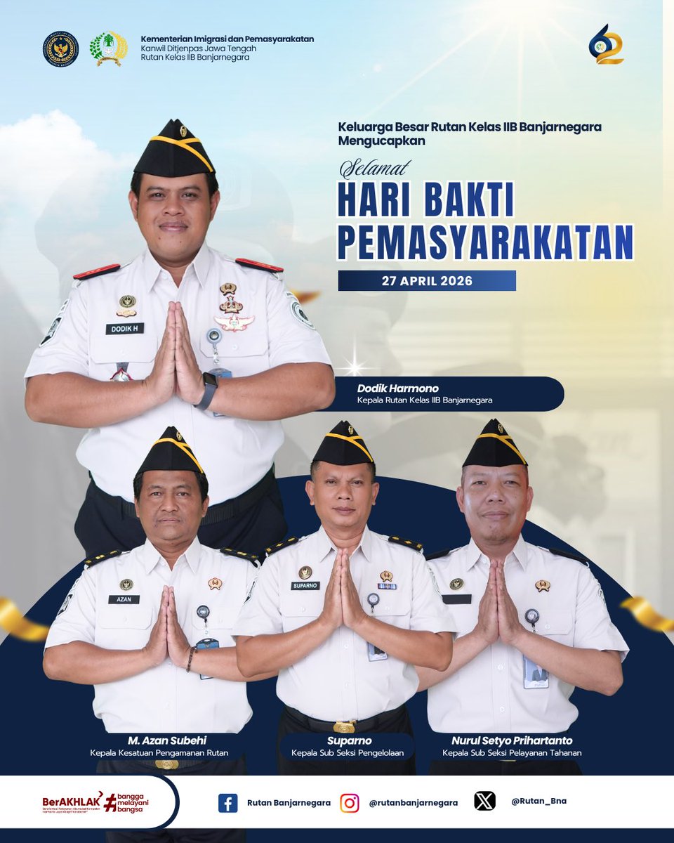 RUTAN_BNA's tweet image. Memperingati Hari Bakti Pemasyarakatan ke-62
“Pemasyarakatan Kerja Nyata, Pelayanan Prima”
Kami berkomitmen untuk terus memberikan pelayanan terbaik serta berkontribusi nyata bagi masyarakat.

#kemenimipas
#guardandguide
#infoimipas
#rutanbanjarnegara