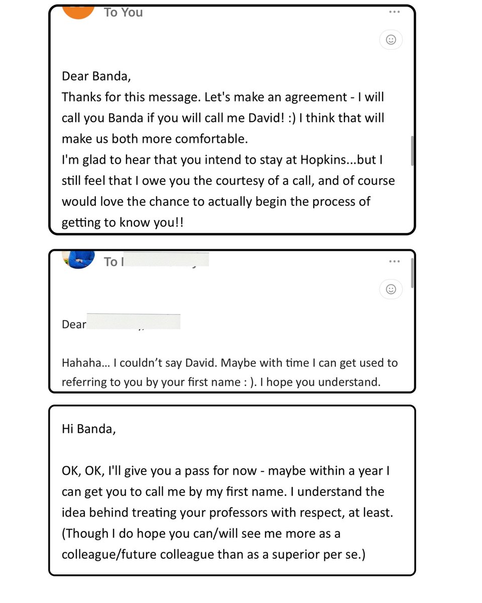 dr_bandak's tweet photo. Just a casual conversation with the director of my PhD program after I accepted my offer….

He was trying to convince me to call him by his first name 🤣.. 

It's been 4 years, and I still say 'Professor'. 

Have you mastered the courage to call your professors by their first name?