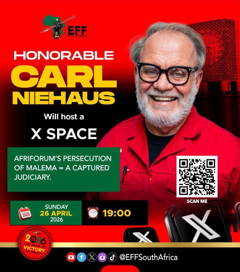 EFFSouthAfrica's tweet image. ♦️Happening Today ♦️

EFF Member of Parliament, Hon. Niehaus Carl, will host an X Space discussing Afriforum’s persecution of President, Julius Malema = A captured judiciary.

The Space will be on the EFF X account.

Link: x.com/i/spaces/1ngar… 

#RegisterToVoteEFF  In The