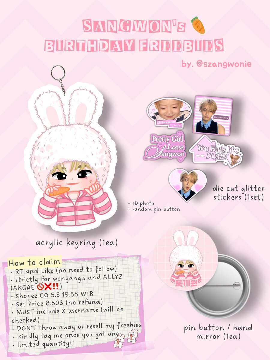 ݁ ˖Ი𐑼⋆ SANGWON’s day online freebies
by <a href="/szangwonie/">dee.</a> 🐰ྀི˚ʚ♡ɞ˚

RT and like are appreciated 🫶🏼

📆 5.5 - 19.58 WIB
💰 8.503 (no refund) 
🪽 1 set / person !
🖇️ s.shopee.co.id/7ppbxnIcle

ʚɞ please read details on the pic below.