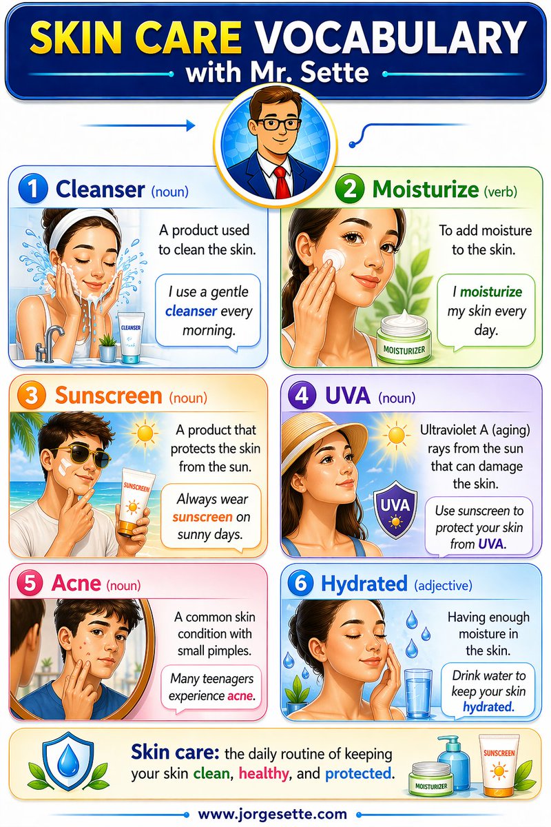 jorgesette7's tweet image. #Skin care is part of everyday life - and a great context for learning English.  Here are some simple, practical words your students can use right away.  Which ones do they already know?    #Skincare #Vocabulary #ELT #CLIL #Bilingual