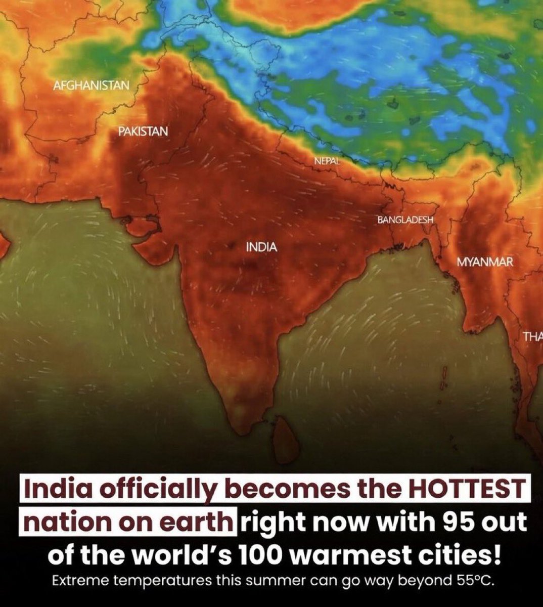 aggala's tweet image. India officially becomes the HOTTEST nation on earth right now! With 95 out of the world’s 100 warmest cities blazing under extreme heat temperatures this summer could smash past 55°C.
Stay hydrated,stay safe &amp;amp; keep cool everyone this is no joke! 🇮🇳🔥 #Bharat   #GlobalWarming