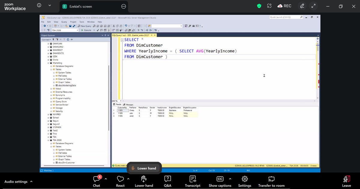 dicta_andy's tweet photo. I understand a bit of JOINs now. Subqueries is still a bit difficult for me to understand though. I also know how to connect Excel and Power BI to SQL Server now.
@ezekiel_aleke  @TechSphereAcad 

#day71 #90DaysOfTech #LearningWithTS #justagirlwholikesdata💕 https://t.co/gbnUOFn47T