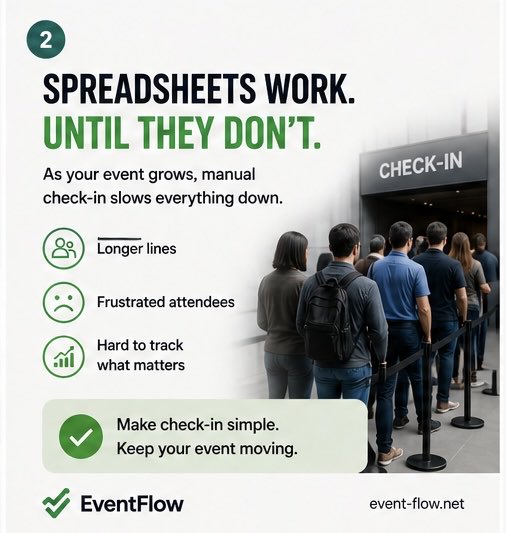 SamTalarico6's tweet image. Spreadsheets work.

Until they don’t.

As soon as your event grows:
Lines get longer  
People get frustrated  
Things slow down  

That’s when the system matters.

event-flow.net

#EventManagement #Base44 #EventTech