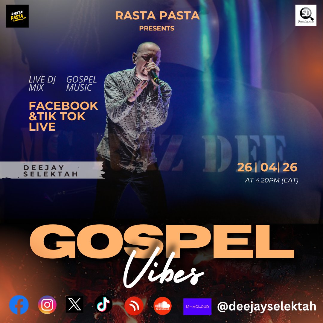 deejayselektah's tweet image. We will be live on both FB &amp;amp; Tik Tok at 4.20PM (EAT) Playing you some cool 😎gospel vibes #staytuned #stayblessed #RastaPasta #LiveStreaming 🇰🇪🔊💯🔥