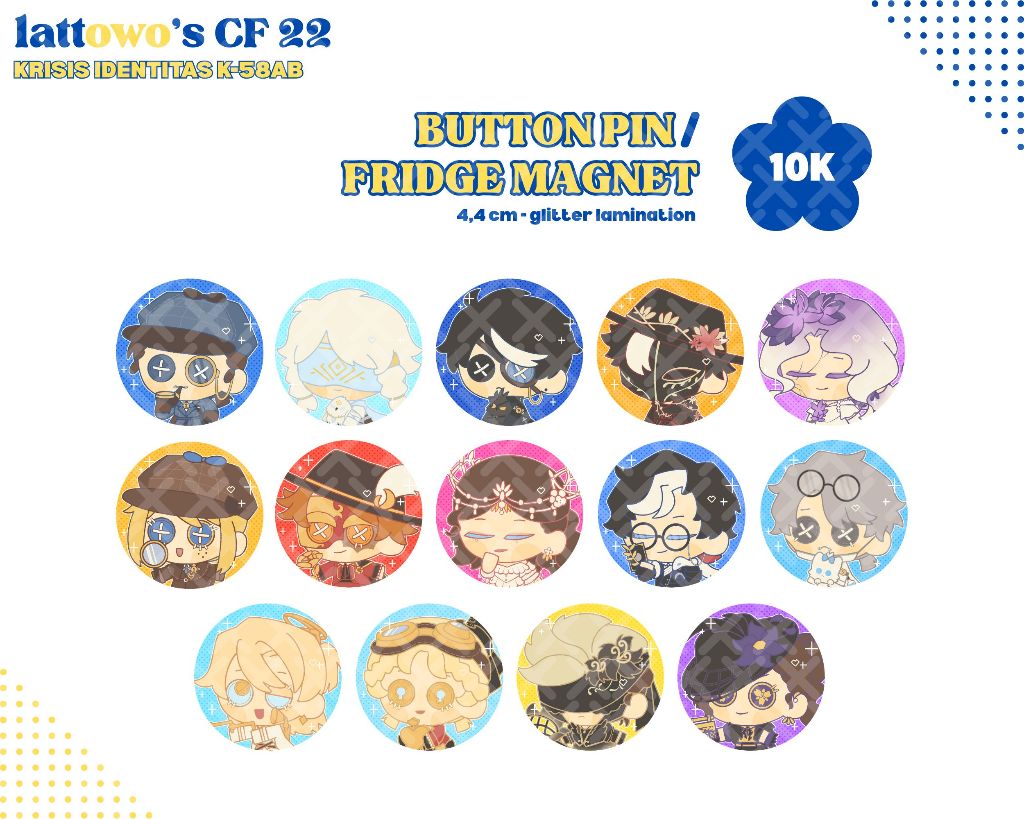 🔄 &amp; ❤️ are appreciated,

Lattowo's #cf22 Pick Up &amp; Mail Order (Tidak ada OTS)

📌 : Krisis Identitas K-58AB
🗒️ : Identity V, BoBoiBoy, A Date With Death, Pandavva

#comifuro22 #cf22catalogue

• IDV | IDENTITY V