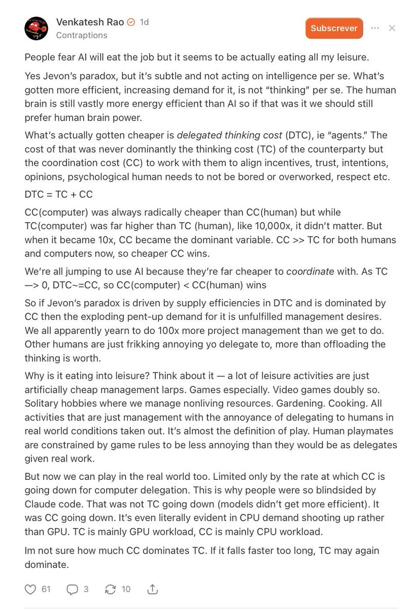 Vgr argues humans love managing: basically the go-to free time activity. But that it’s done as “play” bc of the cost of coordinating others. But, given AI, coordination costs are tiny so now we can dedicate our free time to management that isn’t just play.