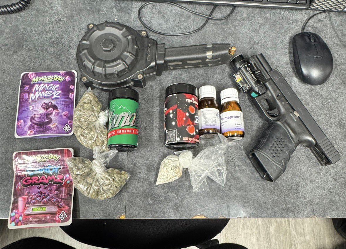 SLMPD's tweet image. Overnight, District 6 officers assigned to address reckless driving and street takeovers spotted a person driving a four wheeler. During an investigation, they located a firearm and suspected narcotics. #STL is safer today with this gun off the streets! Great work!