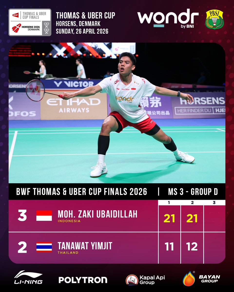 Debut lalu jadi penentu!

Moh Zaki Ubaidillah alias Ubed 💣💥

🇮🇩 3-2 🇹🇭

#BadmintonIndonesia #ThomasUberCup2026 #TUC2026 #BNI46