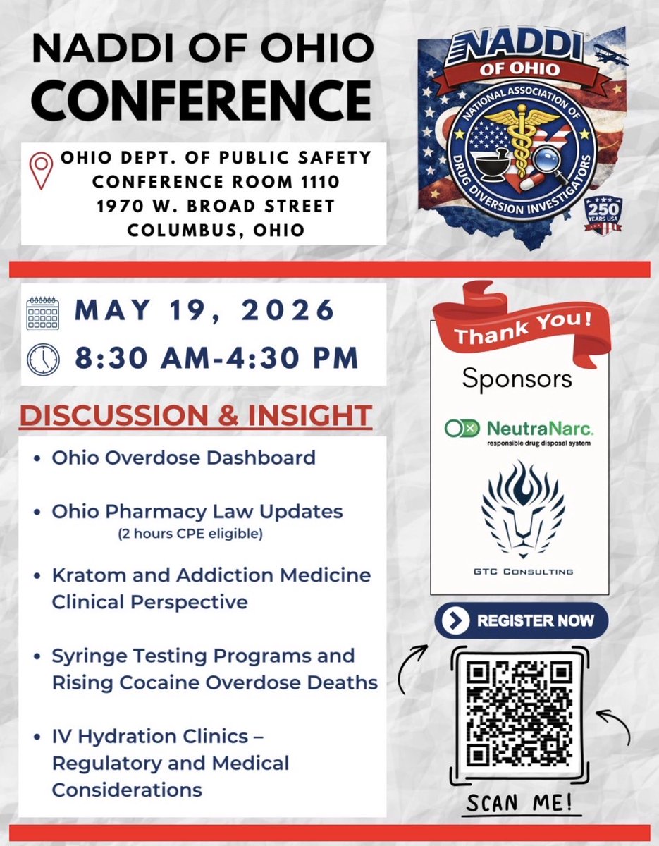 wjetrey's tweet photo. We are just over 3 weeks away from the National Association of Drug Diversion Investigators https://t.co/5VHir4VKjM Ohio Chapter conference on May 19! Pharmacists and technicians can earn 2 law CPU hours! Come join us for valuable education and networking! Lunch is provided! https://t.co/iLM3BPENBC