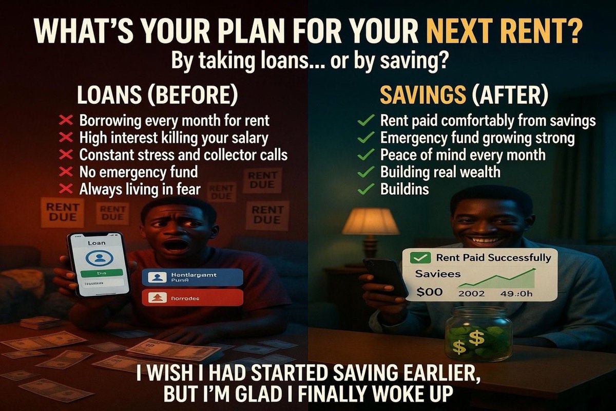 jerugr8united's tweet image. Two paths to Rent:⬇️

Borrow and Stress or Save and Breathe?

Choose wisely.
#SaveinNigeria #Financialfreedom