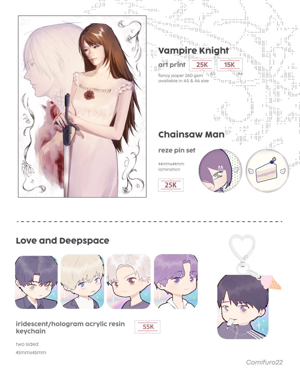 🤍 &amp; 🔁 are appreciated

2oarin #CF22 batch 2 FAST PO

⏱️ po period: 26/4 - 31/4
📦 pick up ots &amp; mail order
✧  nana ff7 yuri persona 5 jjk lads csm vampire knight

form below

(2/5)
#cf22catalogue  #comifuro22 #comifuro22catalog