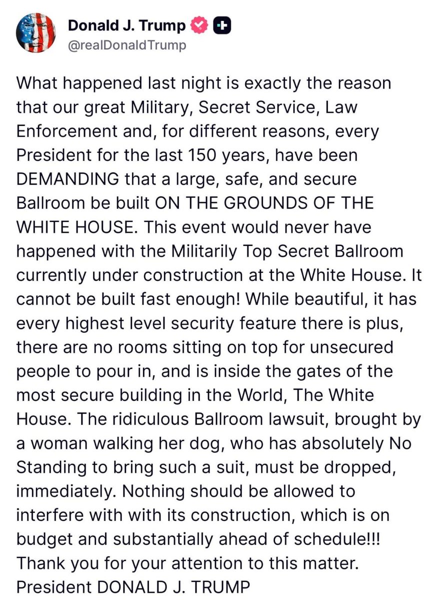 Breaking911's tweet image. TRUMP ON WHCD SHOOTING: “This event would never have happened with the military top-secret ballroom currently under construction at the White House
