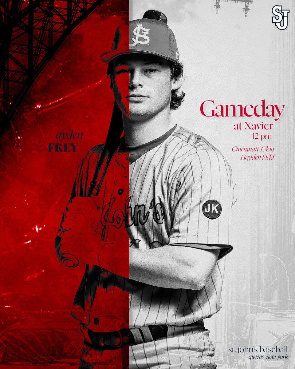StJohnsBaseball's tweet image. GAME DAY 🔴⛈️

Series finale at Xavier 

🆚 @XavierBASE
🏟️ Hayden Field
⏰ 12 p.m.
📺 bit.ly/4sGFRQ1
📊 bit.ly/4dYRRsq

#RedStorm | #EveryTrip