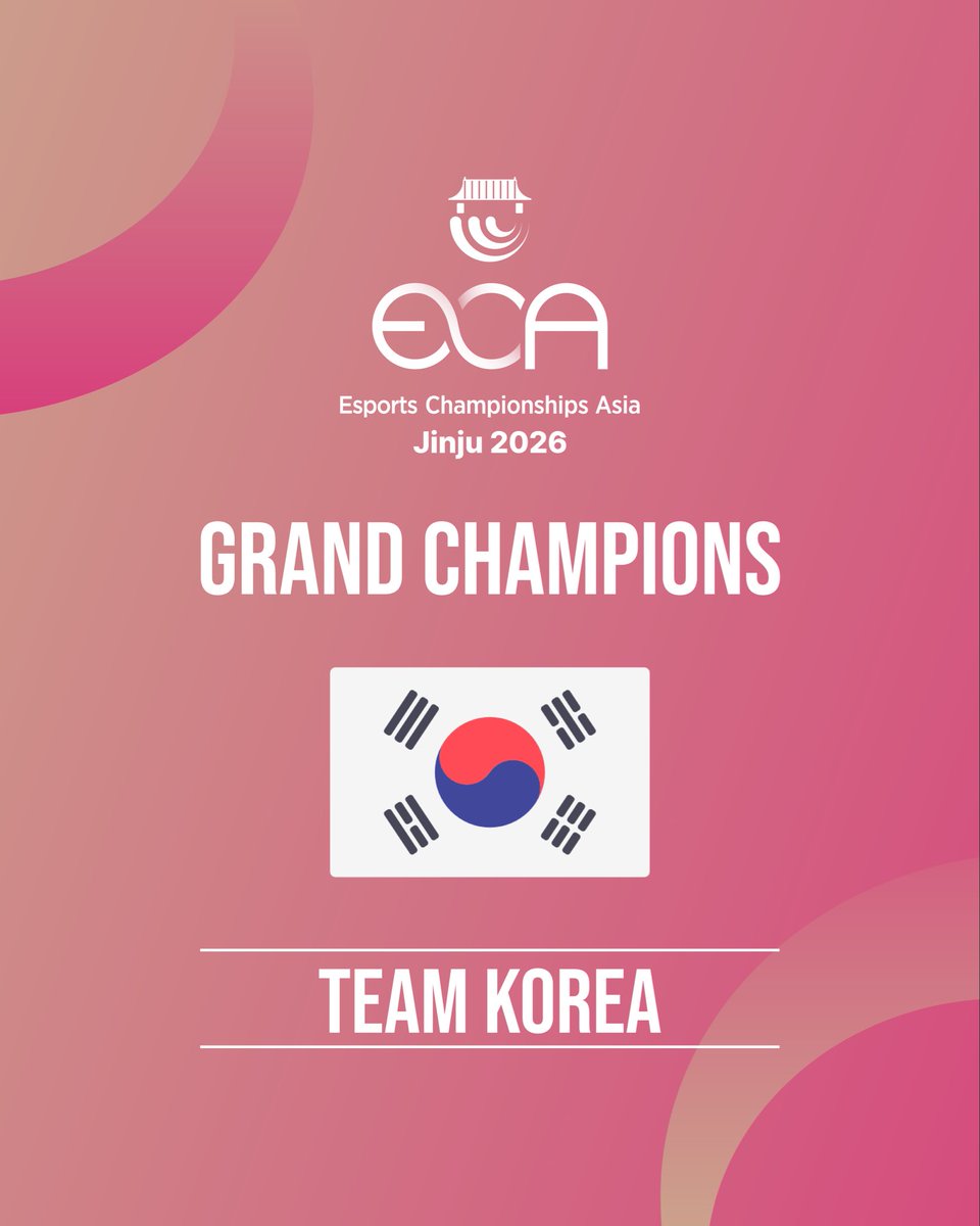 kespa's tweet image. [2026 ECA]

대한민국 종합우승!🏆
대회 출범 이후 첫 종합 우승을 차지했습니다!

#esports #e스포츠
#ECA #아시아이스포츠대회 #진주